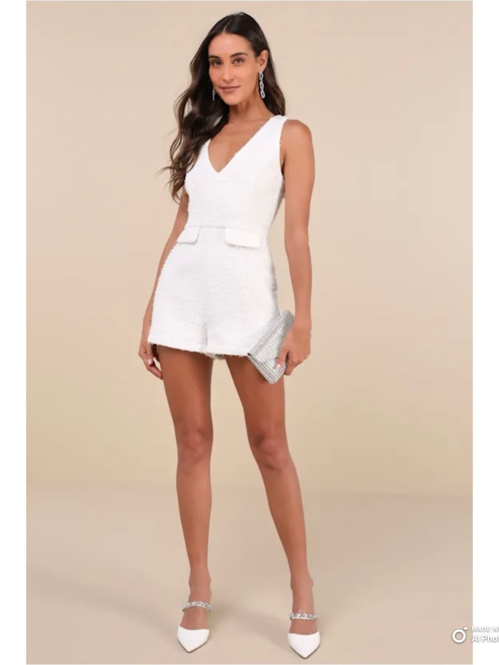 Lulus Medium Compelling Moment White Boucle Lurex Sleeveless Romper NWT Bridal